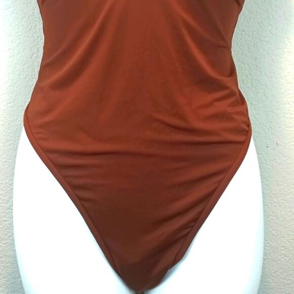 Womens Chocolate Brown Plunge Neckline One-Piece Swimsuit sz XL - Picture 4 of 11